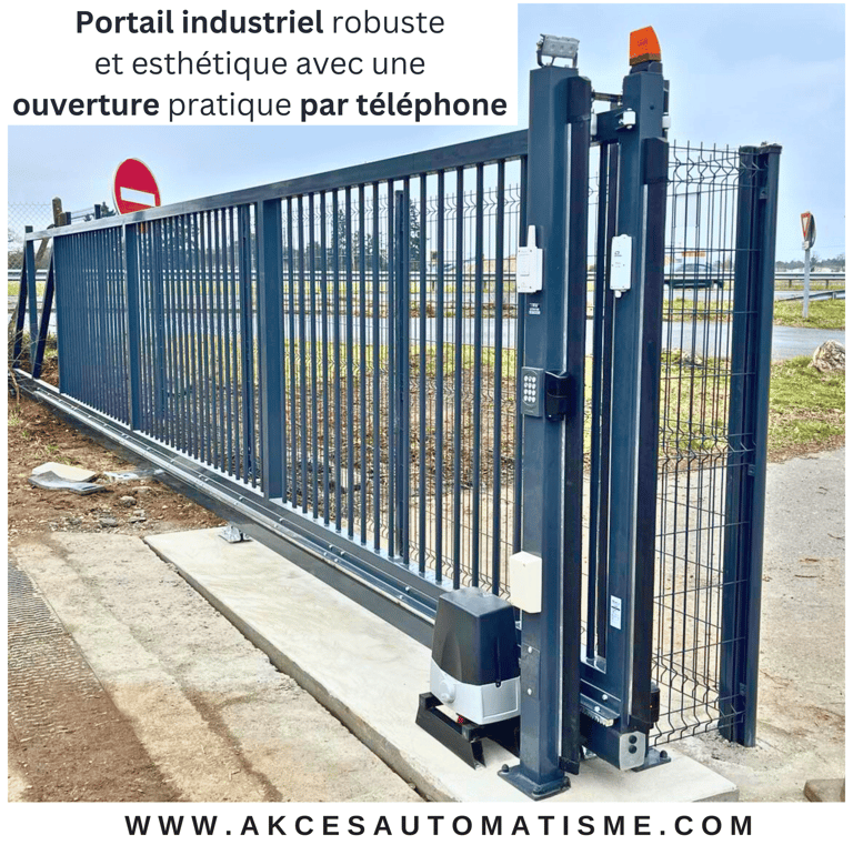 Portail industriel robuste et esthétique avec une ouverture pratique par téléphone