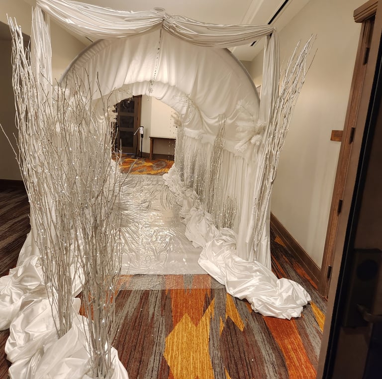 a room with a white canopy tent with a canopy over it