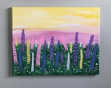 Purple Pink Yellow Blue and White Lavenders in a Grassy Meadow under a Pink and Yellow Sky
