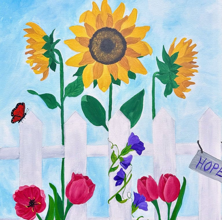 Sunflowers and Tulips around a Fence with a Hopeful Butterfly