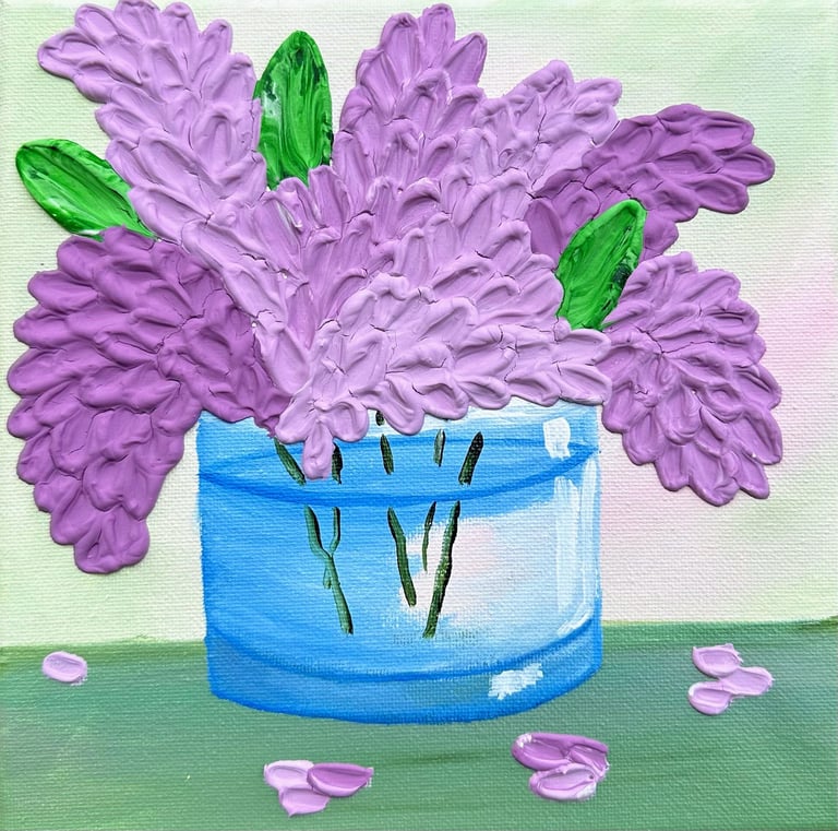 Textured Lilacs in a Water Glass with Fallen Petals