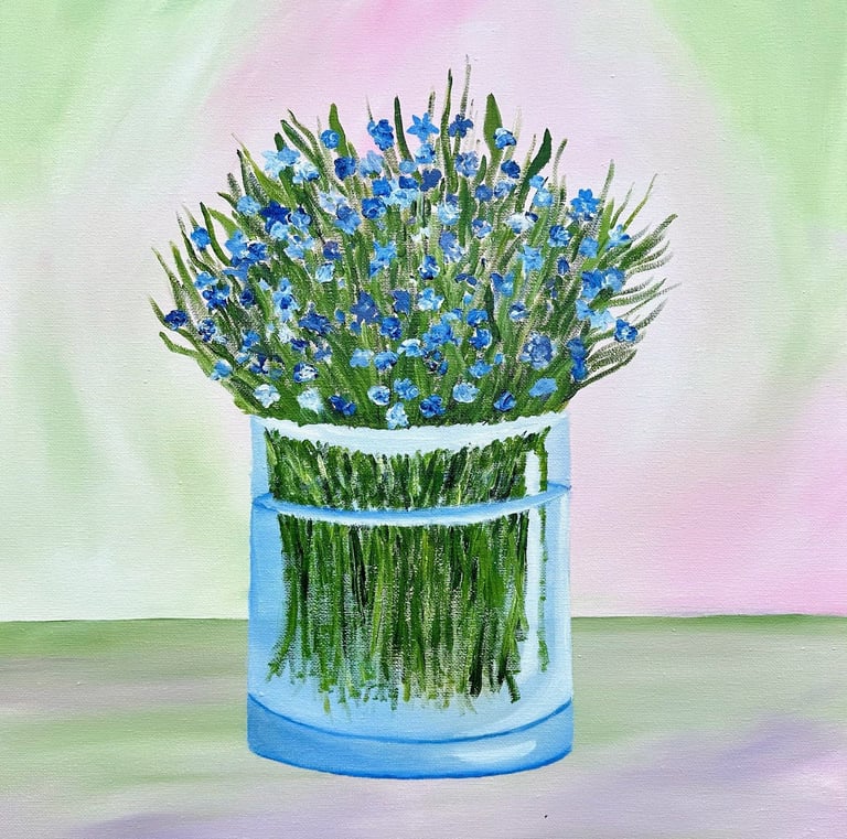 Bundle of Small Blue Flowers in a Vase Painting
