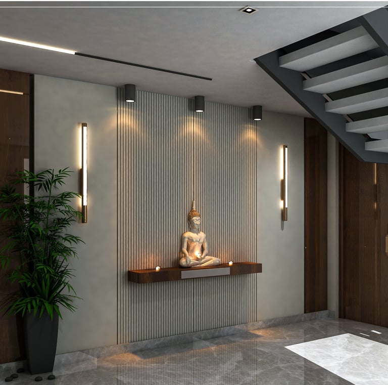 This contemporary foyer creates a serene and welcoming impression through minimalist detailing