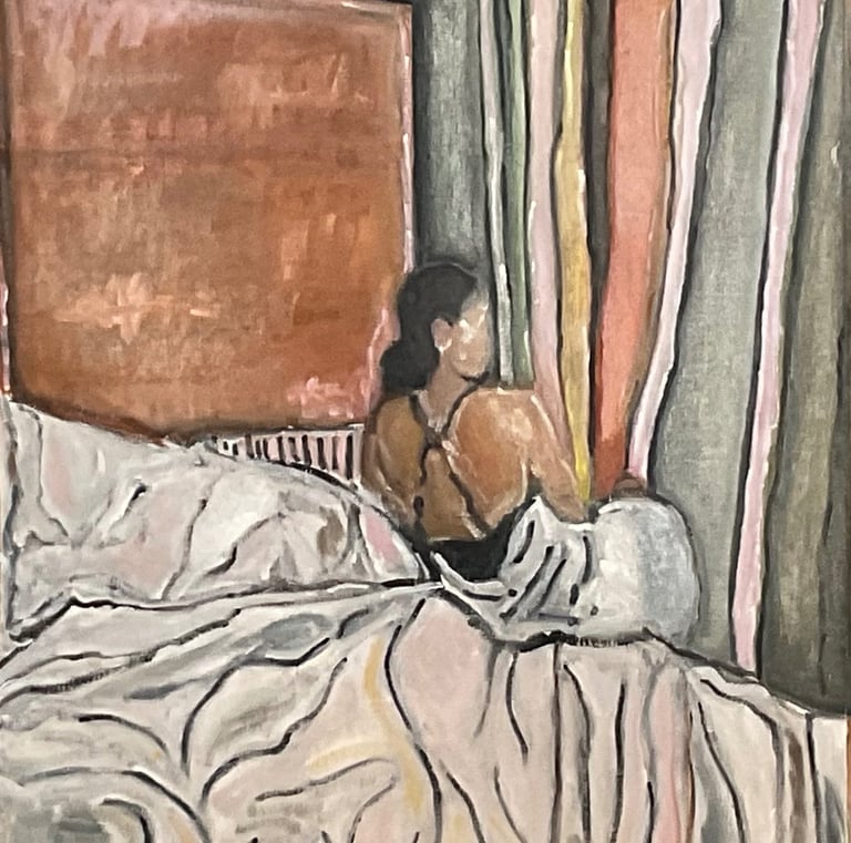 a painting of a woman sitting on a bed