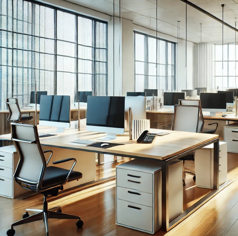 Espace de bureau propre avec bureaux polis, écrans d'ordinateur impeccables, et chaises bien rangées