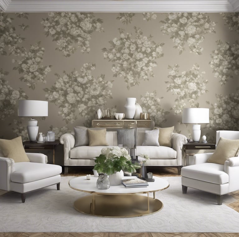 Salon élégant avec papier peint floral, mobilier blanc et décorations raffinées.