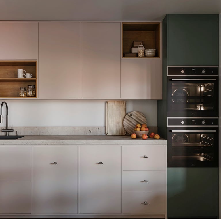 a kitchen with a stove and oven in it