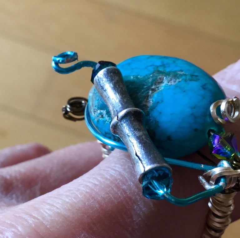 Ring, wire work, turquoise and crystals..