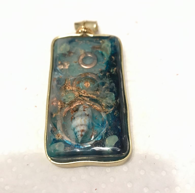 Pendant.uV resin, copper wire and washers, inks.