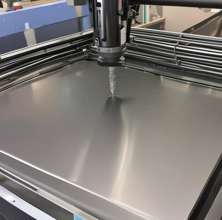 Several polished metal exhaust pipes arranged on a perforated metal table, with a plain industrial wall in the background. The pipes exhibit a clean and shiny finish with weld marks visible at the joints.