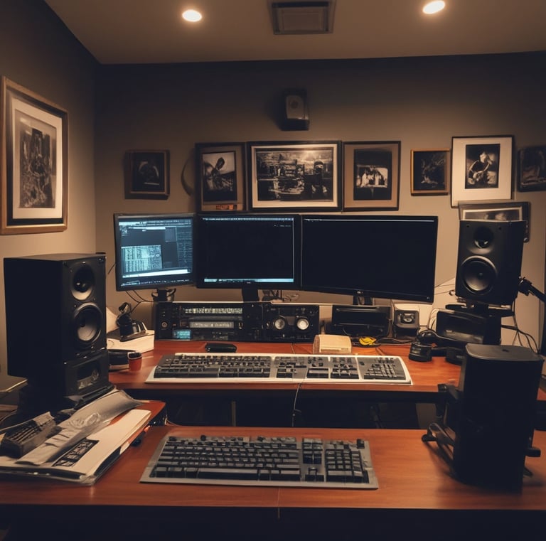 A dimly lit room features two large computer screens displaying complex audio editing software. Multiple speakers are visible in the background, with a digital clock and other electronic equipment situated below the screens.