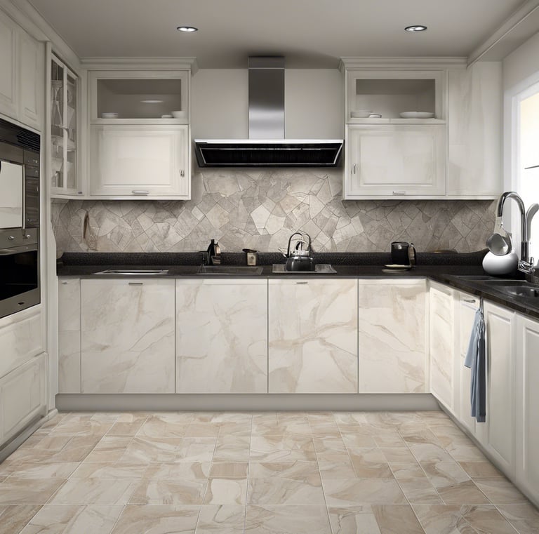 a kitchen with a black counter top and white cabinets