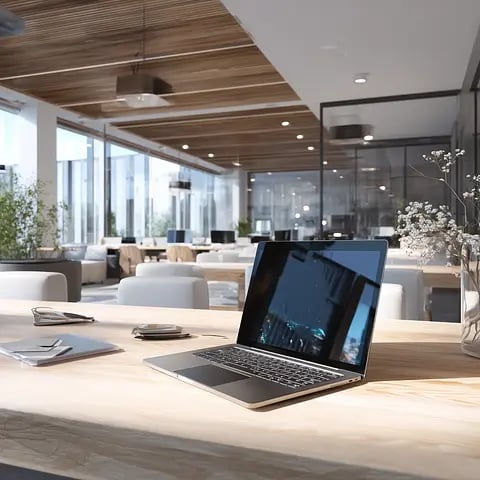 a laptop computer sitting on an office table