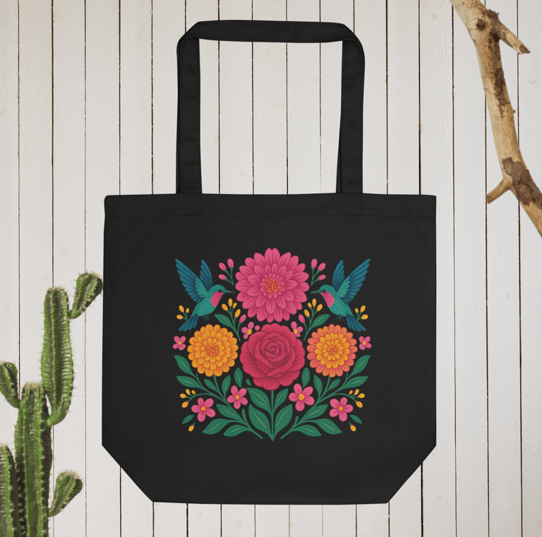 Floral eco tote bag black with pink flowers and hummingbirds