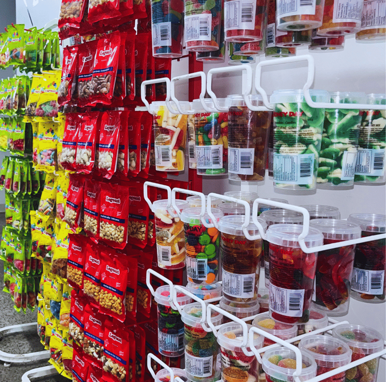 a store display of various types of food