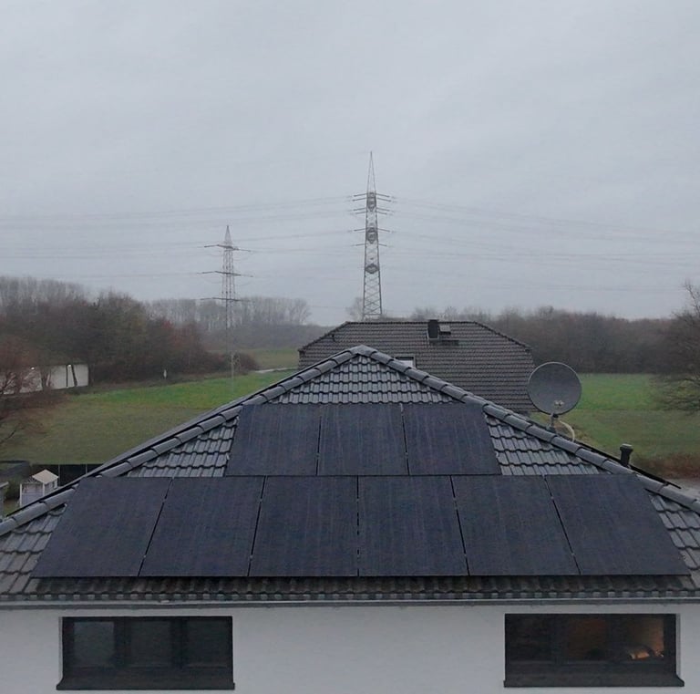 Residential rooftop with black solar panels installed on dark tiles overlooking a landscape with power lines.