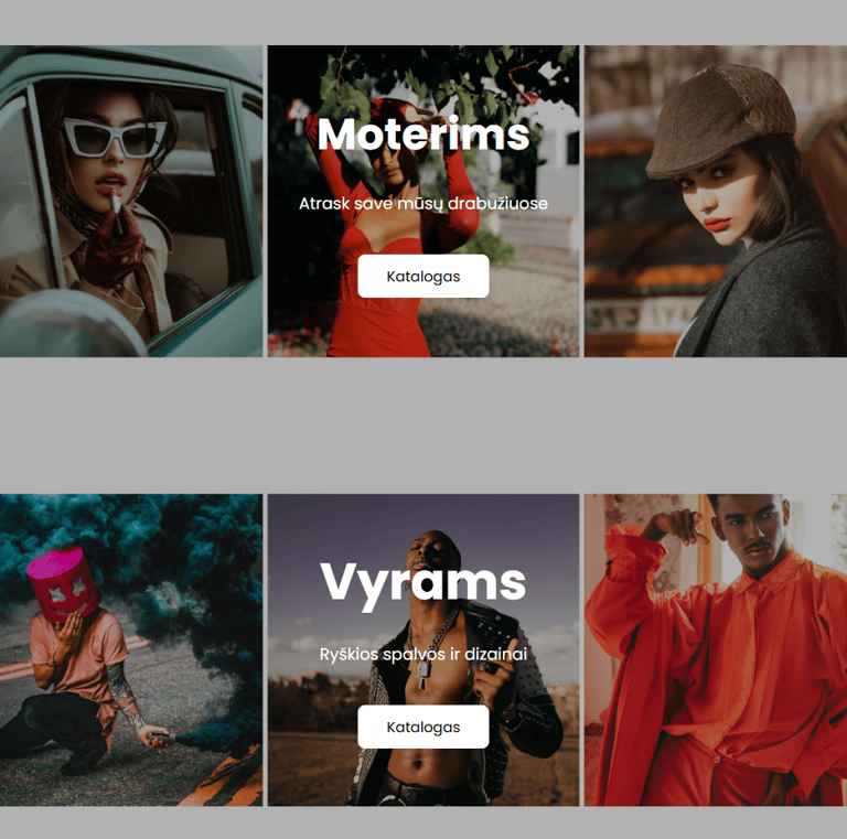 GS Fresh Couture svetainės kategorijų (Moterims, Vyrams)  rodiniu ir nuotraukomis