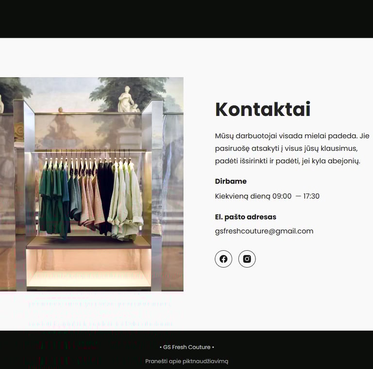 GS Fresh Couture svetainės kontaktų puslapio su drabužių ekspozicija