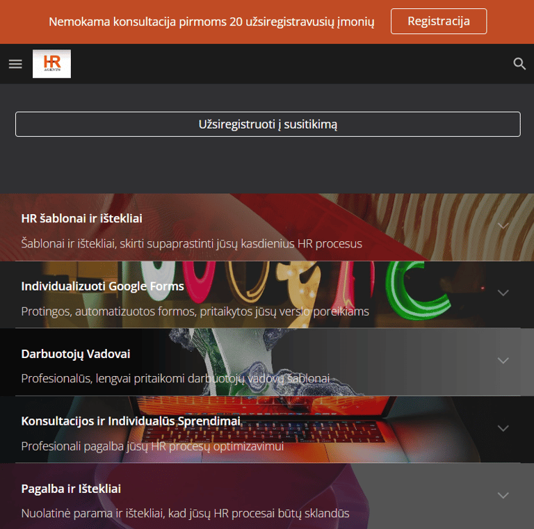 HR Agents svetainės vidinio puslapio planšetinio kompiuterio versija, demonstruojanti funkcionalumą.