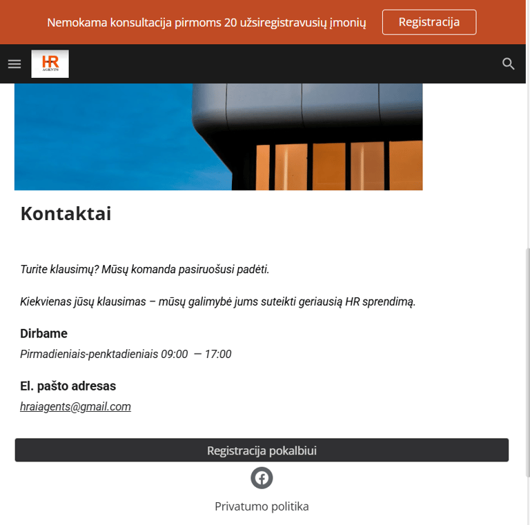 HR Agents svetainės kontaktų puslapio planšetinio kompiuterio versija su įmonės informacija.