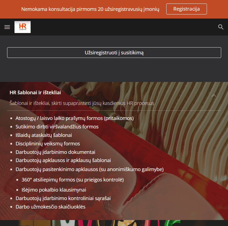 HR Agents svetainės vidinio puslapio planšetinio versija, demonstruojanti paslaugų aprašymą