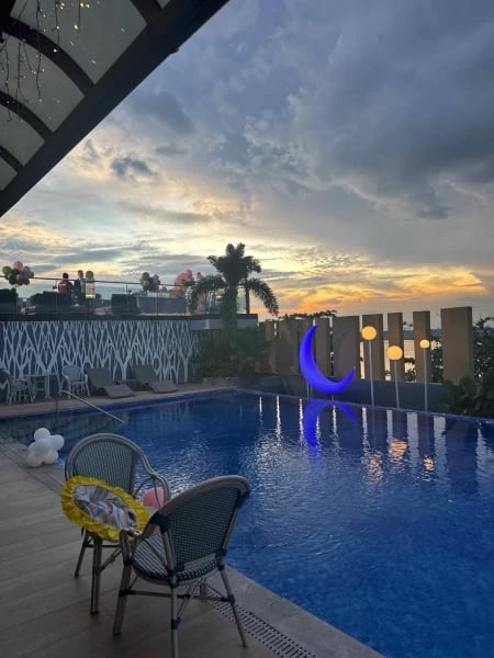 a pool with a blue sky and a blue sky