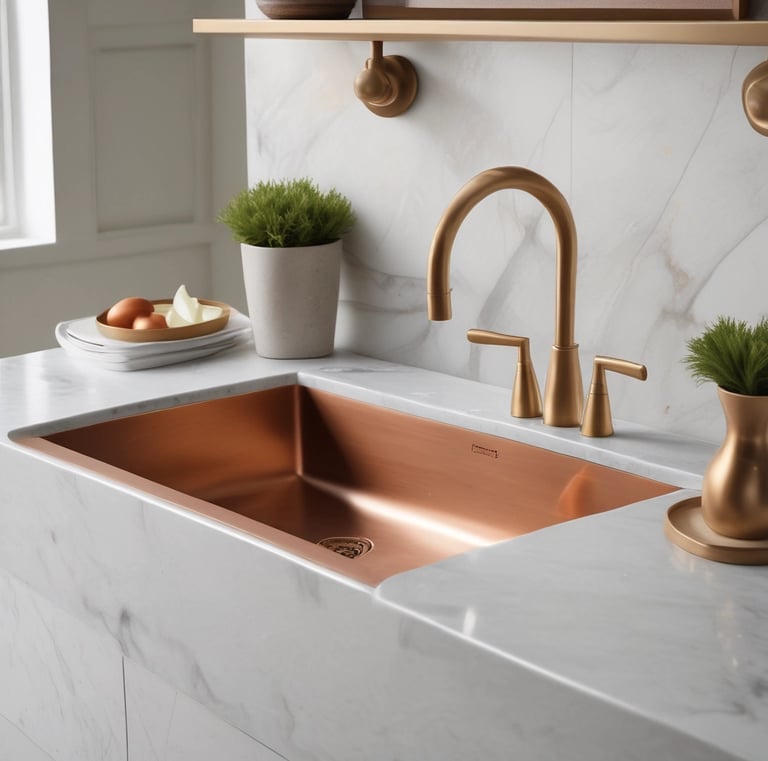 A street vendor is selling a variety of copper goods, including pots, pans, and decorative items. The shop is outdoors with an open entrance, and various copper items are hanging and displayed on tables. The vendor, dressed in casual clothing, is working amidst the merchandise. Dry leaves and branches are visible in the foreground, indicating an autumn setting.