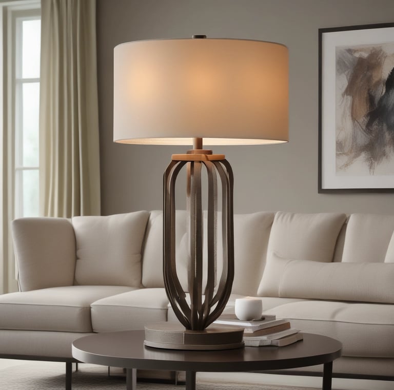 A collection of intricately designed brass vessels and jugs is displayed on a wooden shelf. The patterns on the metal surfaces are detailed and exhibit traditional craftsmanship. Warm lighting accentuates their metallic shine, creating a cozy and inviting atmosphere. Below the vessels, a traditional hand drum with a patterned surface is partially visible.
