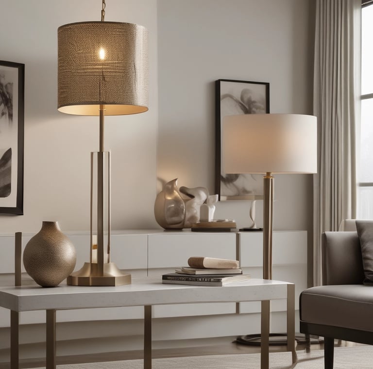 An assortment of colorful decorative items displayed in a shop, including intricately designed ceramic lamps and ornate wooden shelves filled with various decorative boxes. Hanging brass bells add an element of rustic charm.