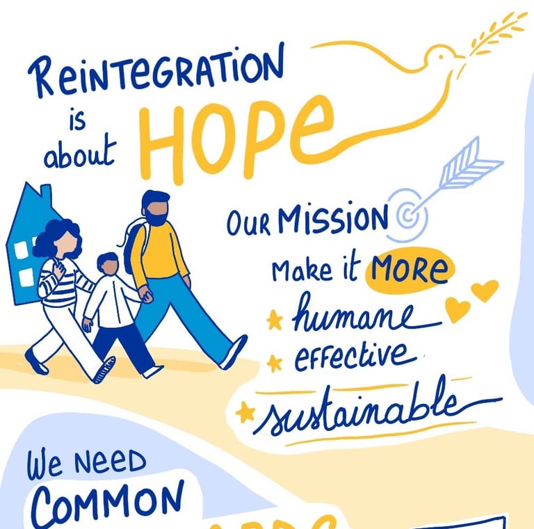 drawing of a family walking with their home as a backpack