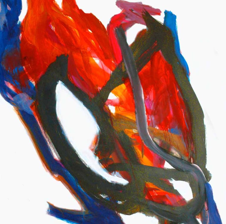 A painting of a red blue bird on a white background