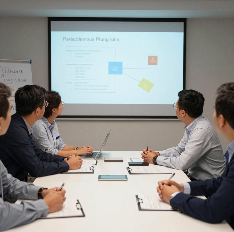 Team gathered around a table discussing refurbishment strategies with schematics.