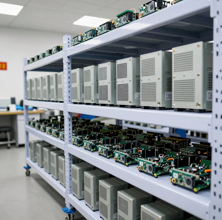 Warehouse shelves stocked neatly with industrial spare parts awaiting service.