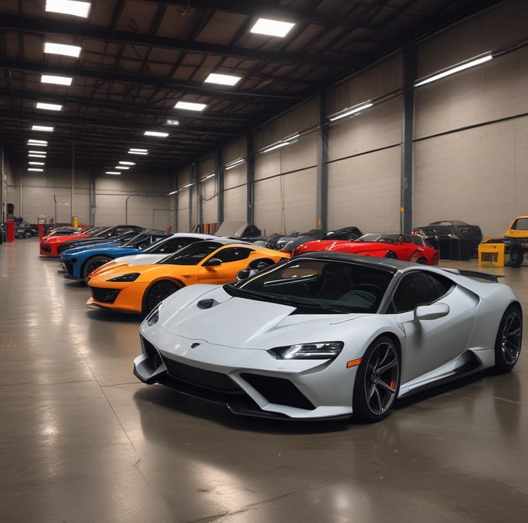 A lineup of diverse rental cars in a showroom.