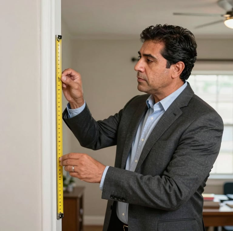 A professional appraiser inspecting a residential property with documents in hand.