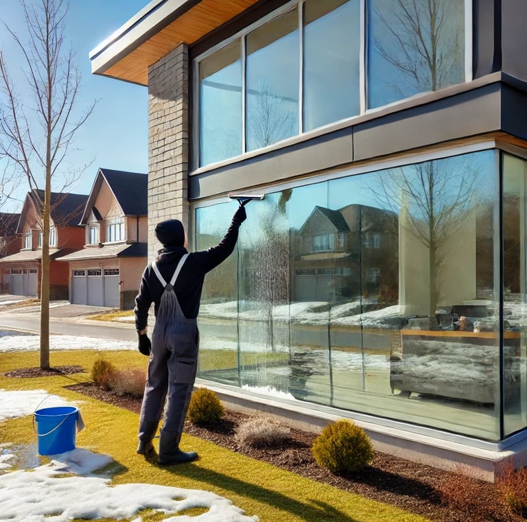 A man cleaning a window with a bucket and squeegee