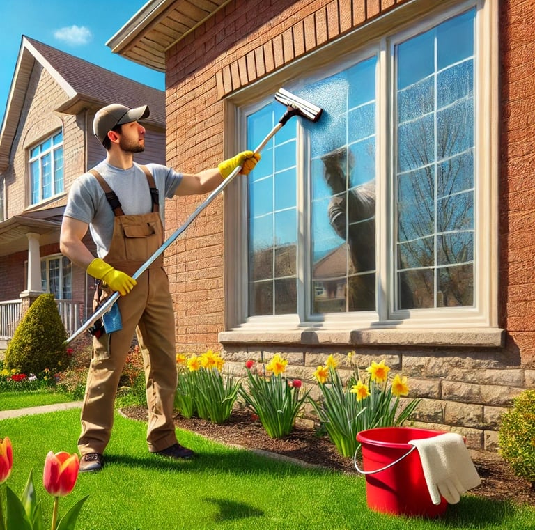 A man in overalls and overalls, a hat and gloves cleanig the windows of a house on spring day.