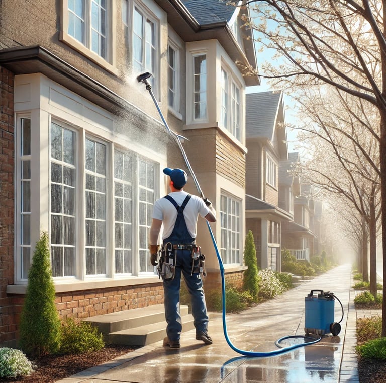 A man in overalls is using a water-fed pole pure water systemr