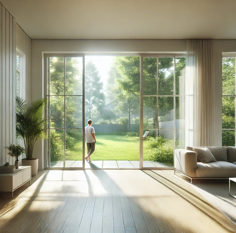 A man standing in front of a large window