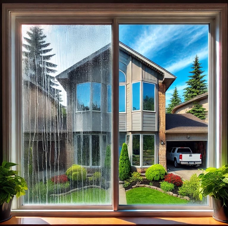 A house with a car parked in front of it seen through a clean window and a soiled window