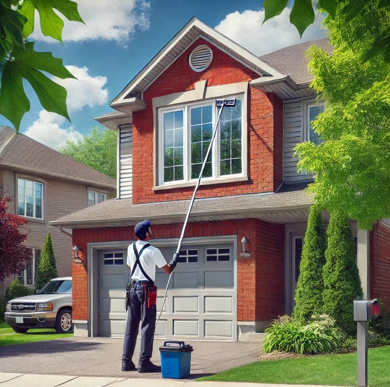 A man in a white shirt is cleaning house windows