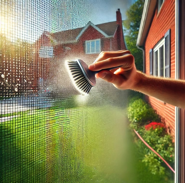 A person cleaning a window screen with a brush