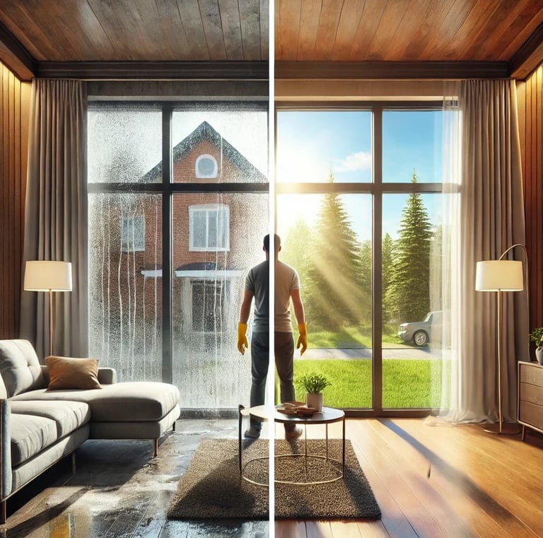 A man standing in front of a window that contrasts a clean side and a grimmy side