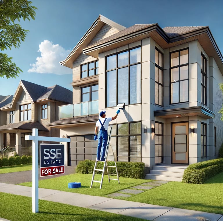 A man on a ladder cleaning the second story windows of a house that is for sale