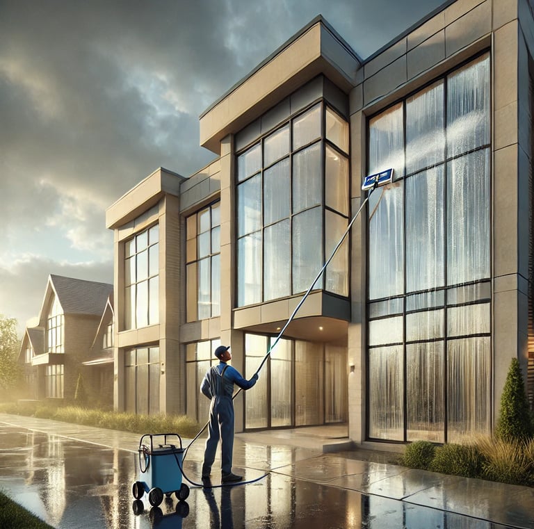 A man in a blue uniform is cleaning the windows of a modern house after a rain storm