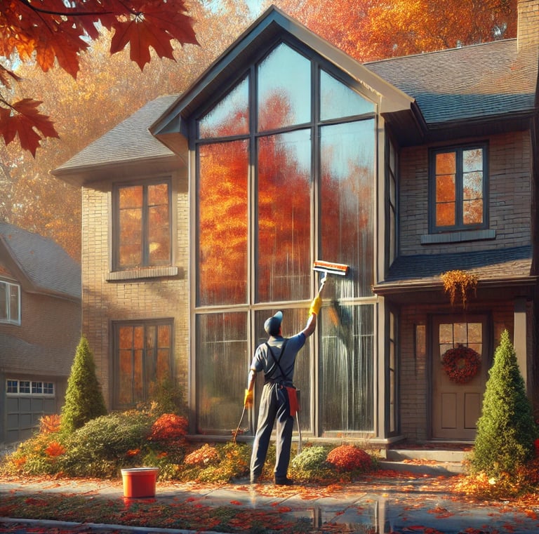 A man is cleaning the windows of a modern house in the fall