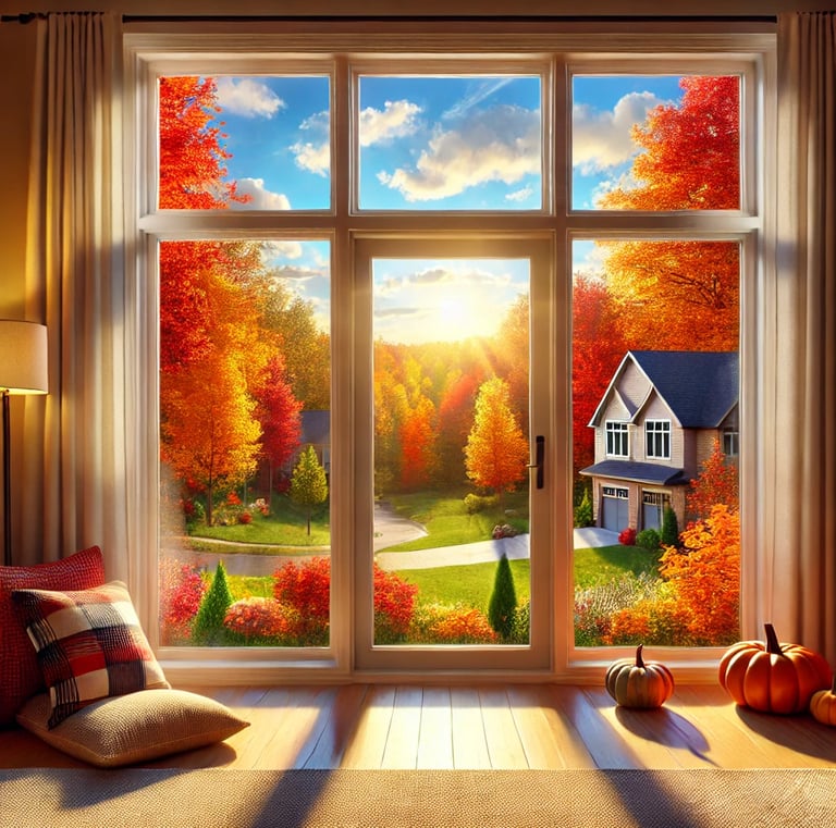 A window with a clear view of a house and autumn decorations