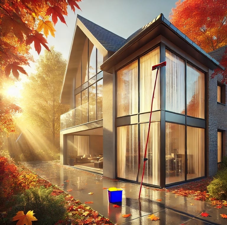 A house with a bucket and a window cleaning mop in the yard on a autumn day