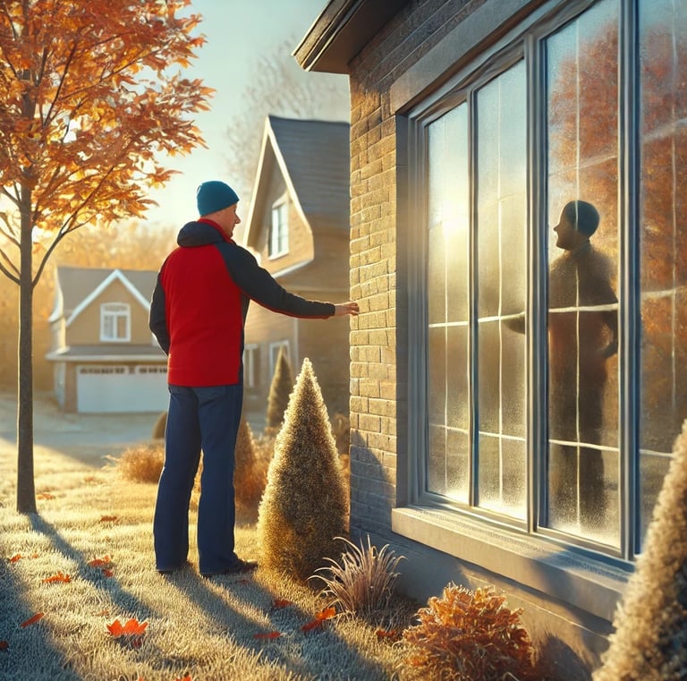 A man standing in front of his house examining his windows