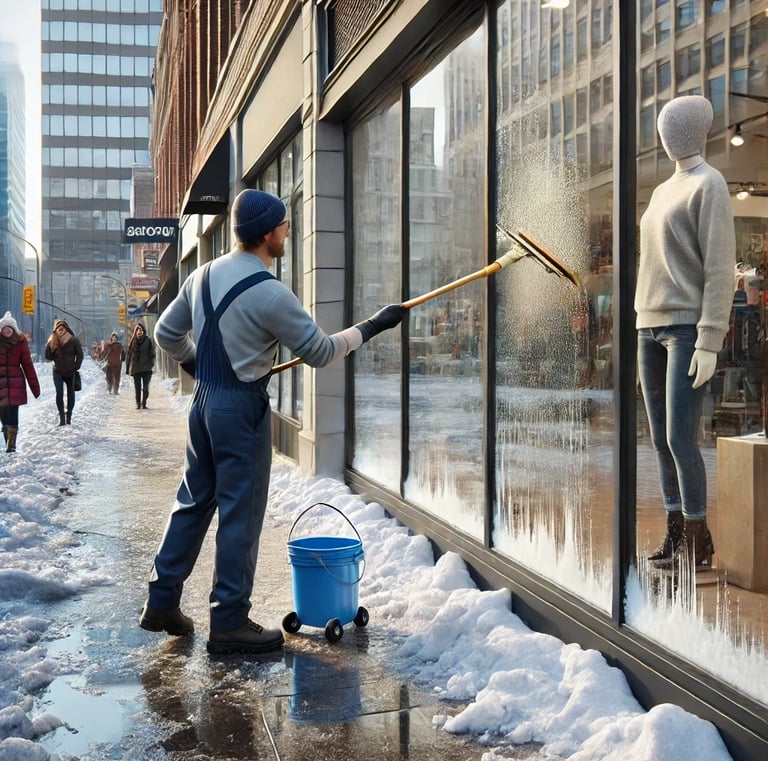 A man cleaning a storefront window in the winter with a bucket and squeegee